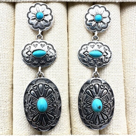 Western Concho Style Silver Tone Pierced Earrings Blue Faux Turquoise 3 Inch - Picture 3 of 5